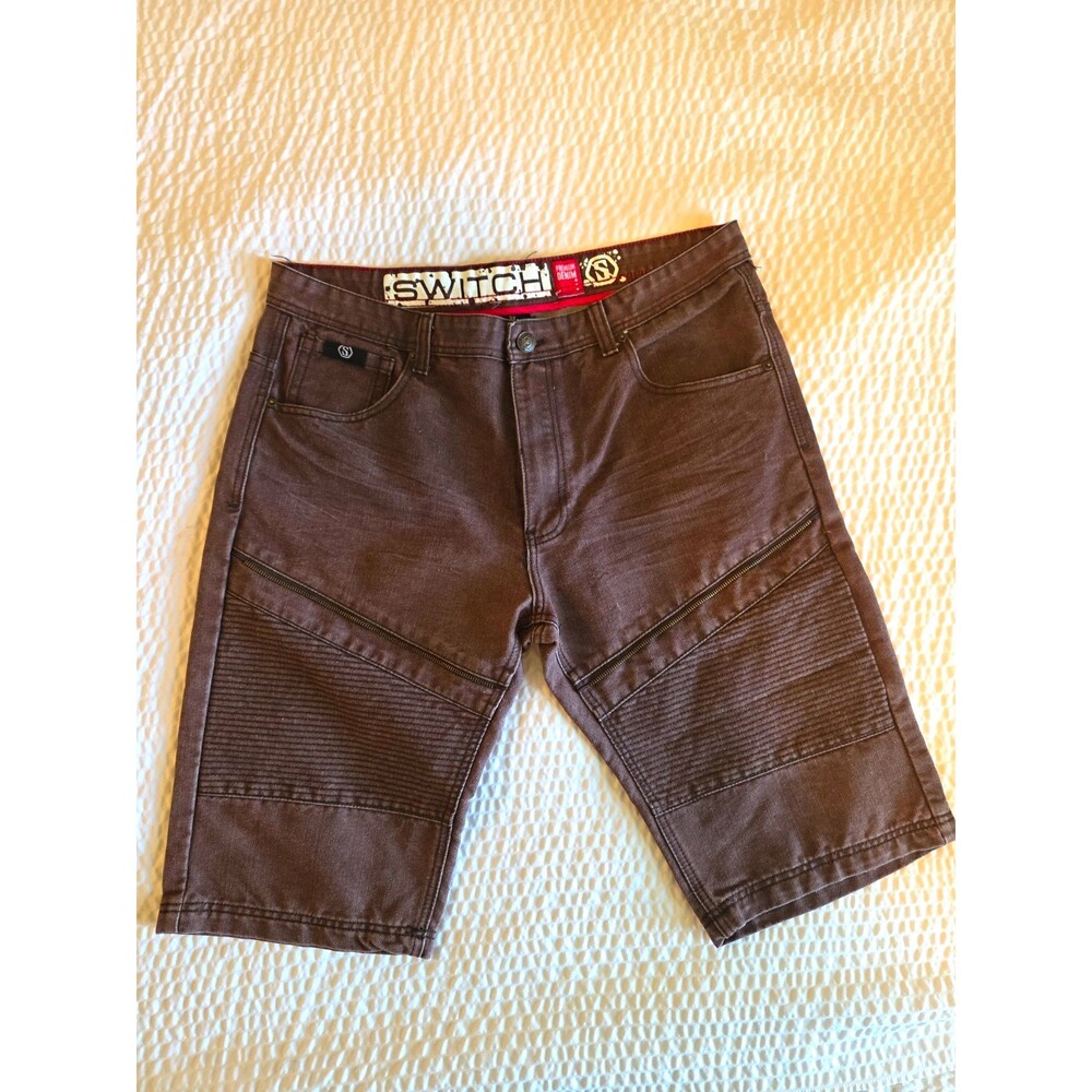 Switch Brown Denim Biker Shorts Men's Regular 5-Pocket Button Zip Logo